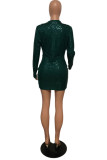 Fashion Sexy Solid Sequins V Neck Long Sleeve Dresses