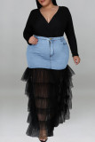 Fashion Solid Patchwork Flounce Plus Size(The Stitching On The Skirt Is Yellow)
