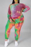 Fashion Casual Print Tie Dye Backless O Neck Plus Size Two Pieces
