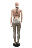Fashion Sexy Patchwork Bandage Backless Halter Skinny Jumpsuits