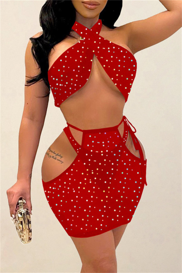 Sexy Patchwork Hollowed Out See-through Backless Turtleneck Sleeveless Three-piece Set