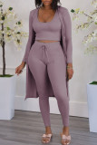 Fashion Casual Solid Cardigan Vests Pants O Neck Long Sleeve Three-piece Set