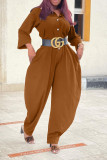 Casual Solid Patchwork Buckle Turndown Collar Loose Jumpsuits (Without Belt)