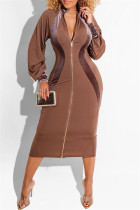 Fashion Casual Solid Patchwork Zipper Collar Long Sleeve Dresses