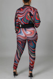 Fashion Casual Print Cardigan Pants Zipper Collar Long Sleeve Two Pieces