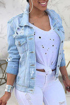 Street Solid Ripped Make Old Patchwork Buckle Turndown Collar Long Sleeve Denim Jacket