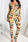 Casual Print Patchwork Buttons V Neck Skinny Jumpsuits