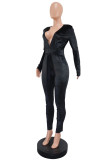 Sexy Casual Solid Bandage V Neck Long Sleeve Skinny Jumpsuits