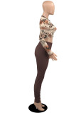 Sexy Print Patchwork O Neck Long Sleeve Two Pieces