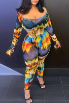 Sexy Print Tie Dye Patchwork Off the Shoulder Long Sleeve Two Pieces