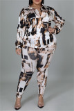 Fashion Casual Print Basic Turndown Collar Plus Size Two Pieces