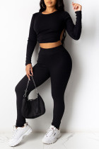 Sexy Solid Patchwork Frenulum Backless O Neck Long Sleeve Two Pieces