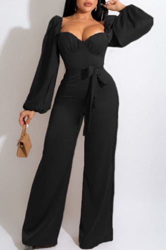 Casual Sweet Solid Patchwork Square Collar Straight Jumpsuits