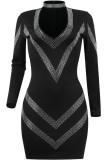 Fashion Sexy Bronzing Hollowed Out V Neck Long Sleeve Dresses