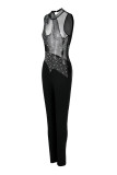 Fashion Sexy Patchwork Hot Drilling See-through Half A Turtleneck Skinny Jumpsuits