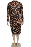Sexy Print Leopard Patchwork O Neck One Step Skirt Plus Size Dresses