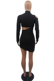 Sexy Casual Solid Hollowed Out Patchwork Turtleneck Long Sleeve Dresses