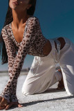 Fashion Sexy Print Leopard See-through O Neck Skinny Romper