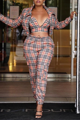 Fashion Casual Plaid Print Basic Turndown Collar Long Sleeve Two Pieces