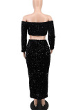 Fashion Sexy Solid Sequins Patchwork Off the Shoulder Long Sleeve Two Pieces