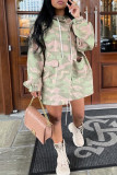 Fashion Casual Camouflage Print Patchwork Pocket Hooded Collar Long Sleeve Dresses