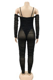 Fashion Sexy Patchwork Solid See-through Backless Spaghetti Strap Skinny Jumpsuits