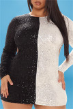Fashion Sexy Patchwork Hollowed Out Sequins O Neck Long Sleeve Plus Size Dresses