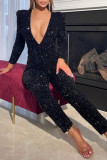 Fashion Casual Solid Sequins Patchwork V Neck Long Sleeve Jumpsuits
