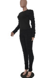 Casual Solid Patchwork Fold O Neck Long Sleeve Two Pieces