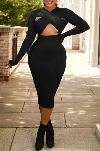 Sexy Solid Hollowed Out Patchwork V Neck One Step Skirt Dresses