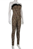 Fashion Sexy Print Leopard Patchwork Backless Strapless Skinny Jumpsuits