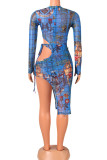 Sexy Print Hollowed Out Patchwork Frenulum See-through Asymmetrical O Neck Long Sleeve Two Pieces