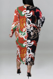 Casual Print Patchwork O Neck One Step Skirt Plus Size Dresses