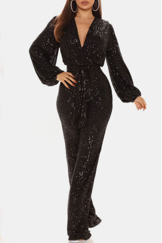 Sexy Solid Patchwork With Belt V Neck Straight Jumpsuits