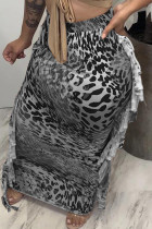 Fashion Casual Print Leopard Tassel Regular High Waist Skirt