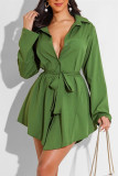 Fashion Casual Solid With Belt Turndown Collar Long Sleeve Dresses