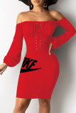 Fashion Casual Embroidery Bandage Backless Off the Shoulder Long Sleeve Dresses
