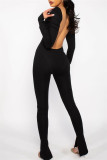 Sexy Casual Solid Backless Slit U Neck Skinny Jumpsuits