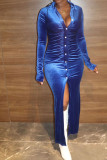 Fashion Casual Solid Buckle Fold Turndown Collar Long Sleeve Dresses