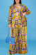 Sexy Print Flounce Fold Smocking V Neck Plus Size Two Pieces