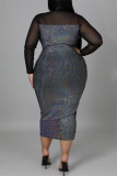 Fashion Sexy Patchwork See-through O Neck Long Sleeve Plus Size Dresses