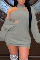 Fashion Sexy Solid Hollowed Out O Neck Long Sleeve Two Pieces