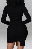 Fashion Sexy Patchwork Hollowed Out Asymmetrical O Neck Long Sleeve Dresses