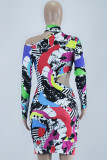 Sexy Print Hollowed Out Patchwork Half A Turtleneck Pencil Skirt Dresses