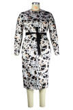 Fashion Casual Print With Belt O Neck Long Sleeve Plus Size Dresses