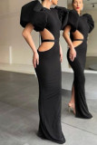 Fashion Sexy Solid Hollowed Out Slit O Neck Evening Dress