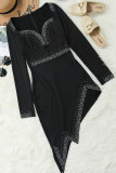 Fashion Sexy Patchwork Hot Drilling Asymmetrical V Neck Long Sleeve Dresses