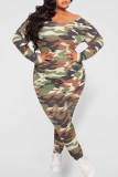 Casual Print Camouflage Print Patchwork O Neck Plus Size Two Pieces