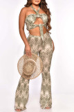 Sexy Print Bandage Hollowed Out Halter Sleeveless Two Pieces