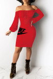 Fashion Casual Embroidery Bandage Backless Off the Shoulder Long Sleeve Dresses